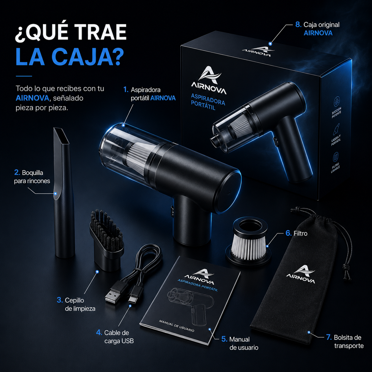 AirNova® Aspiradora Inalámbrica de Alta Succión - Aspira Líquidos y superficies difíciles.