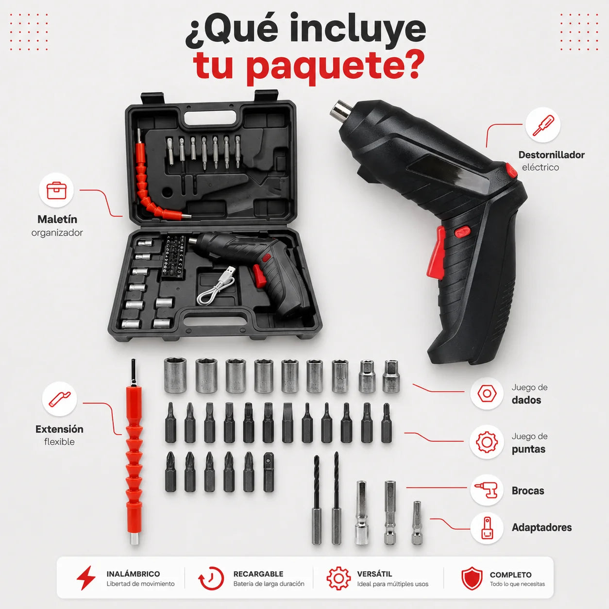 EifMaster® Taladro Destornillador Portátil Alemán + Kit 47 piezas y extensor GRATIS