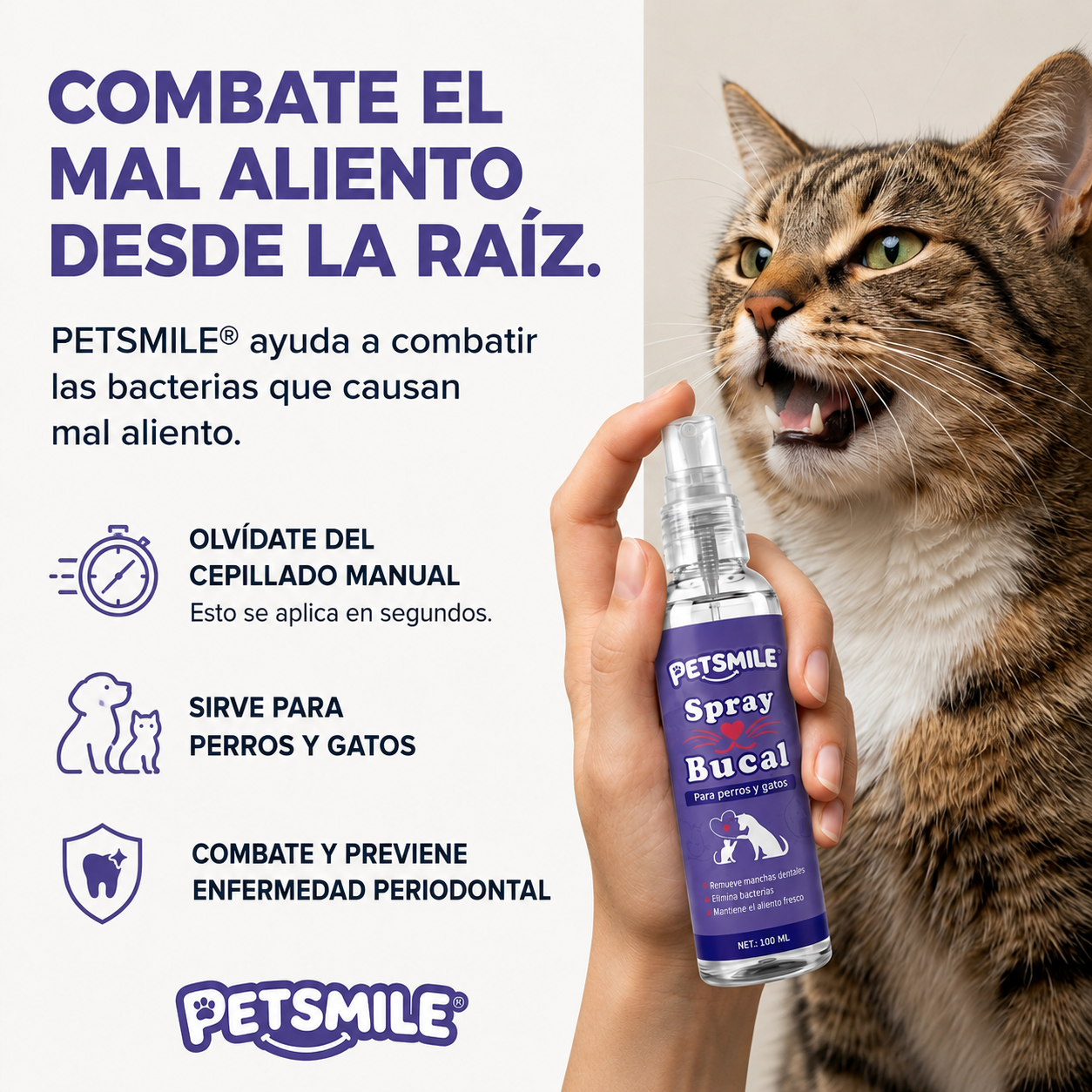 PETSMILE® SPRAY BUCAL – ELIMINA EL MAL ALIENTO DE TU MASCOTA SIN CEPILLADO