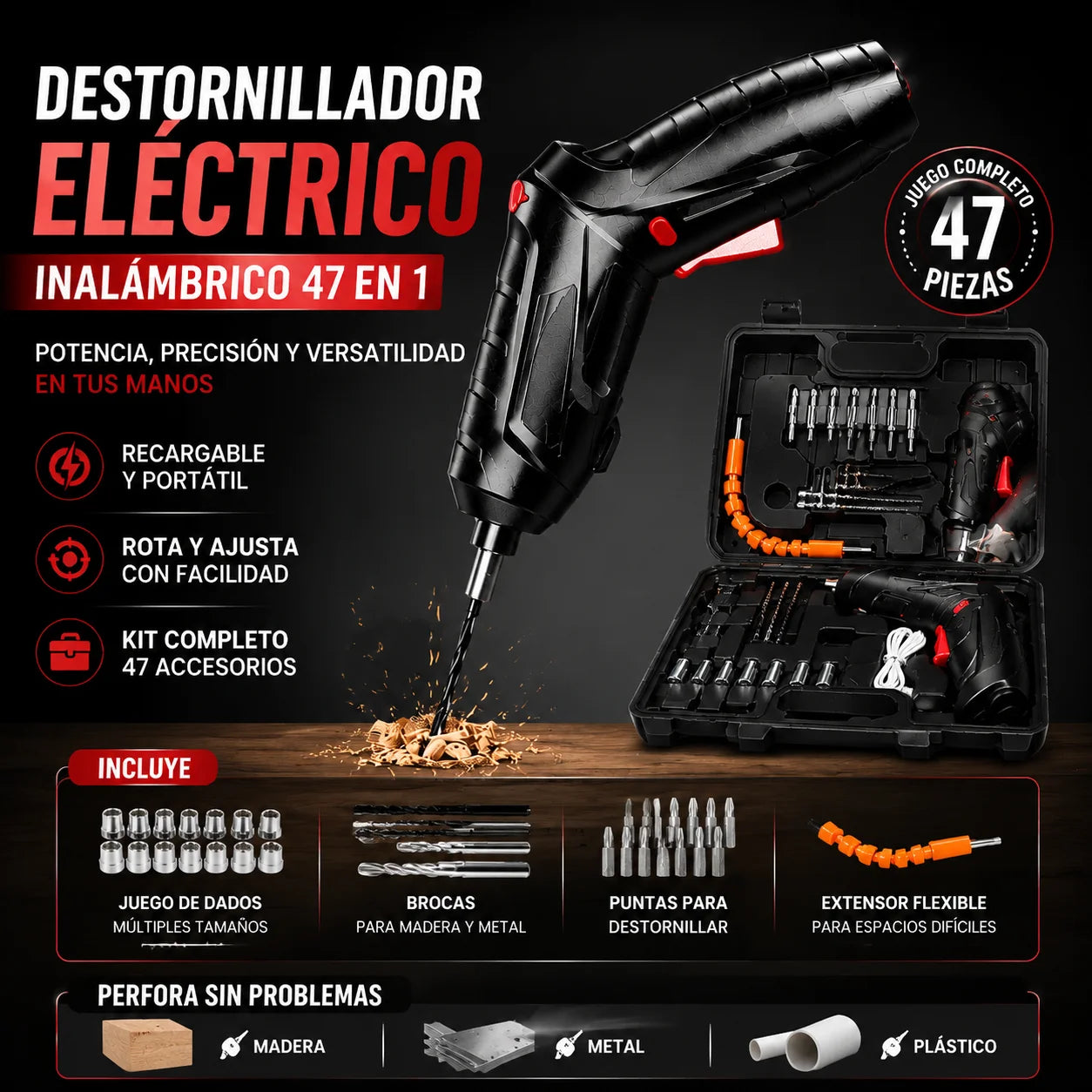 Taladro Destornillador Portátil Alemán + Kit 47 piezas GRATIS